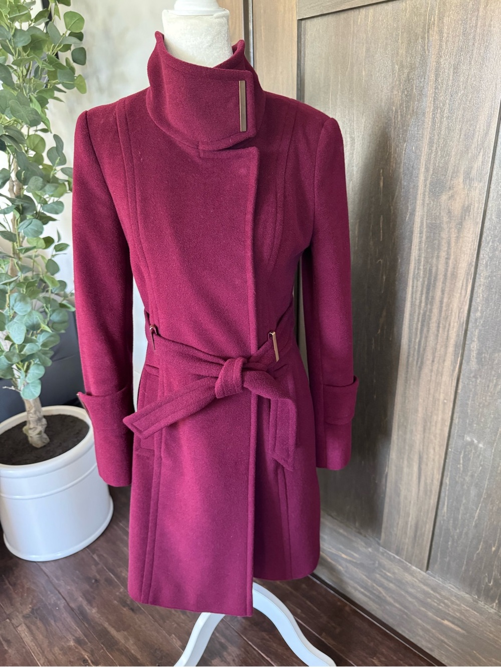T Tahari Burgundy Wool-Blend Tie-Waist Coat